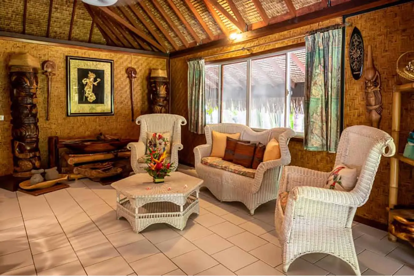Wooden dining table in the living room of the Bora Bora vacation home