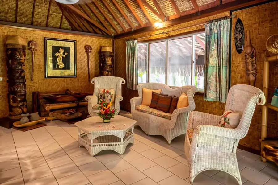 Wooden dining table in the living room of the Bora Bora vacation home