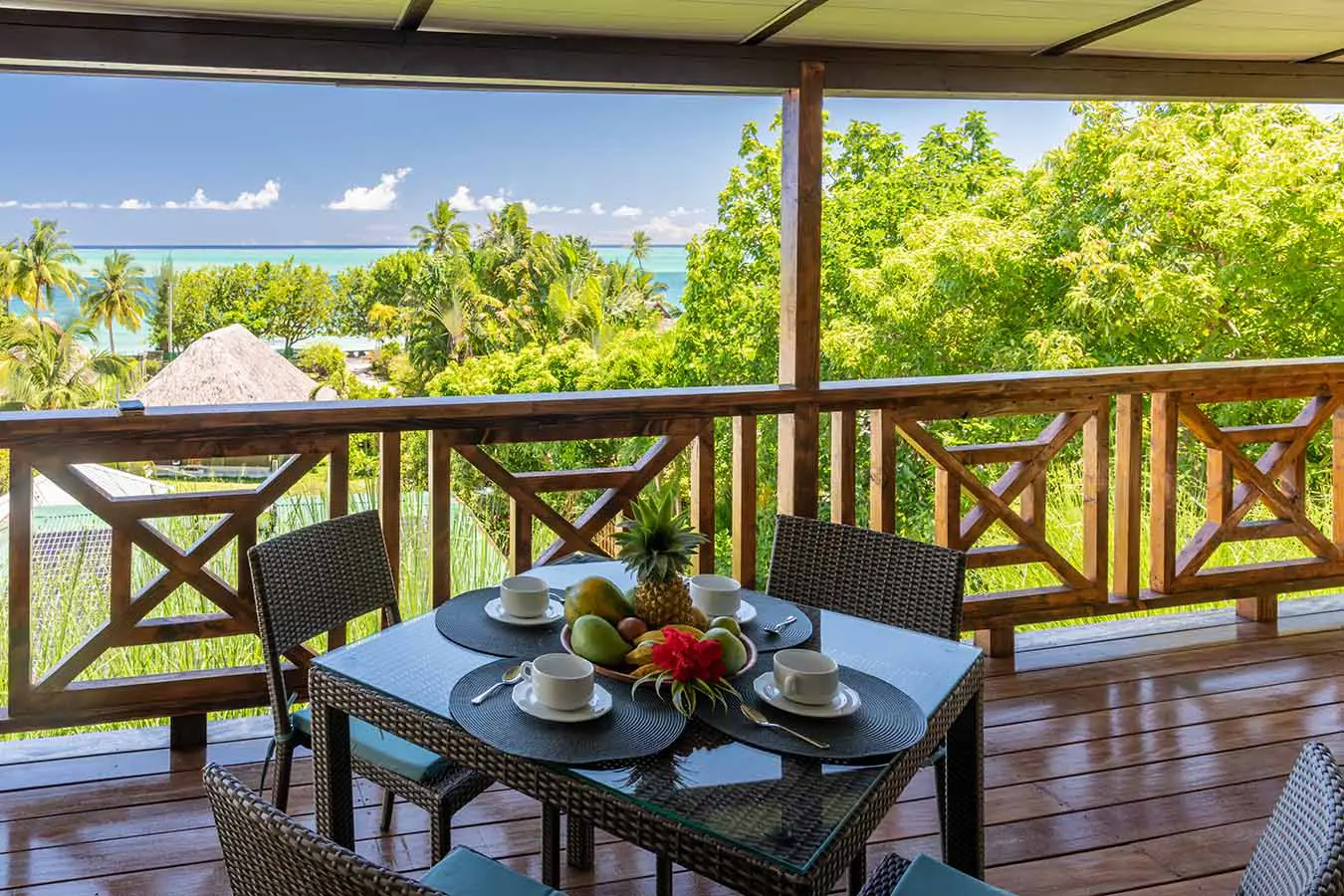 Dining table on the terrace with a view of the lagoon in our Bora Bora vacation home
